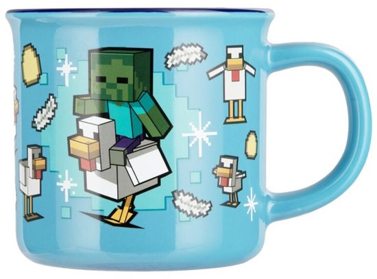 Turquoise mok met Minecraft-print: zombie op kip, kippen, veren en eieren. Blå.