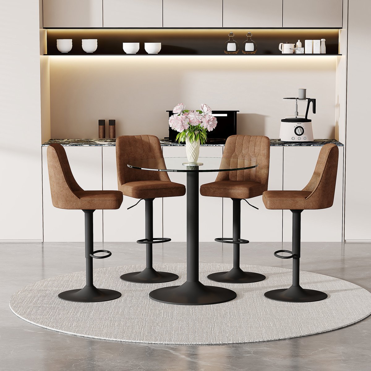 STILVORA Barset Met Ronde Glazen Tafel 89 cm En 4 Draaibare Barstoelen Voor Huisbar En Lounge Metaal Bruin Zwart