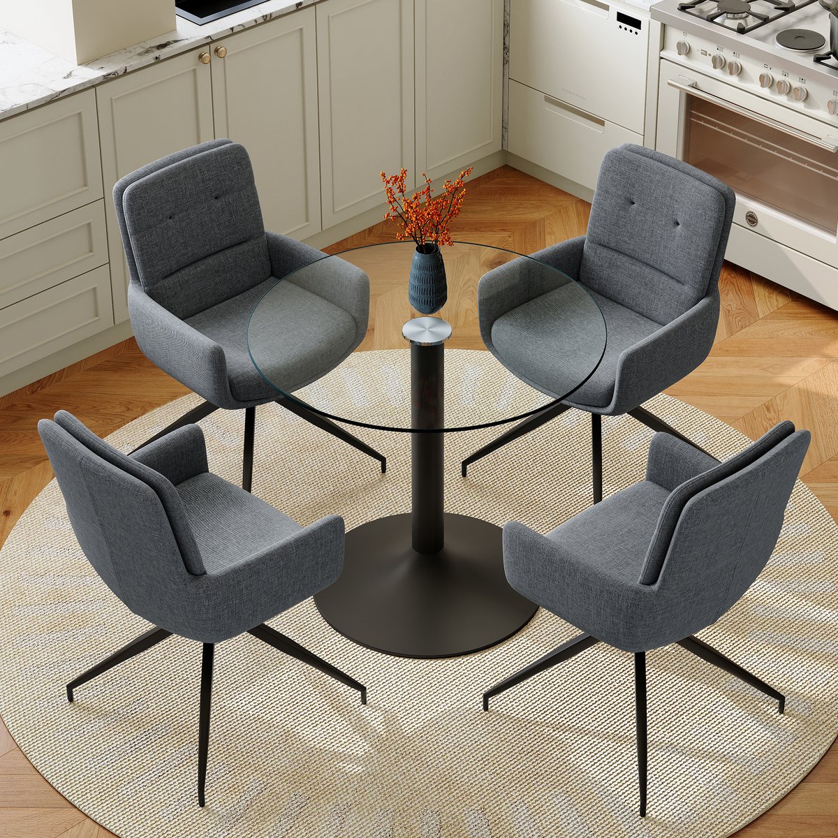 STILVORA Eettafelset Ronde Eettafel 85 Cm Met 4 Draaibare Eetstoelen Comfortabele Zit Met Armleuningen Voor Eetkamer Woonkamer Metaal Zwart Donkergrijs Transparant