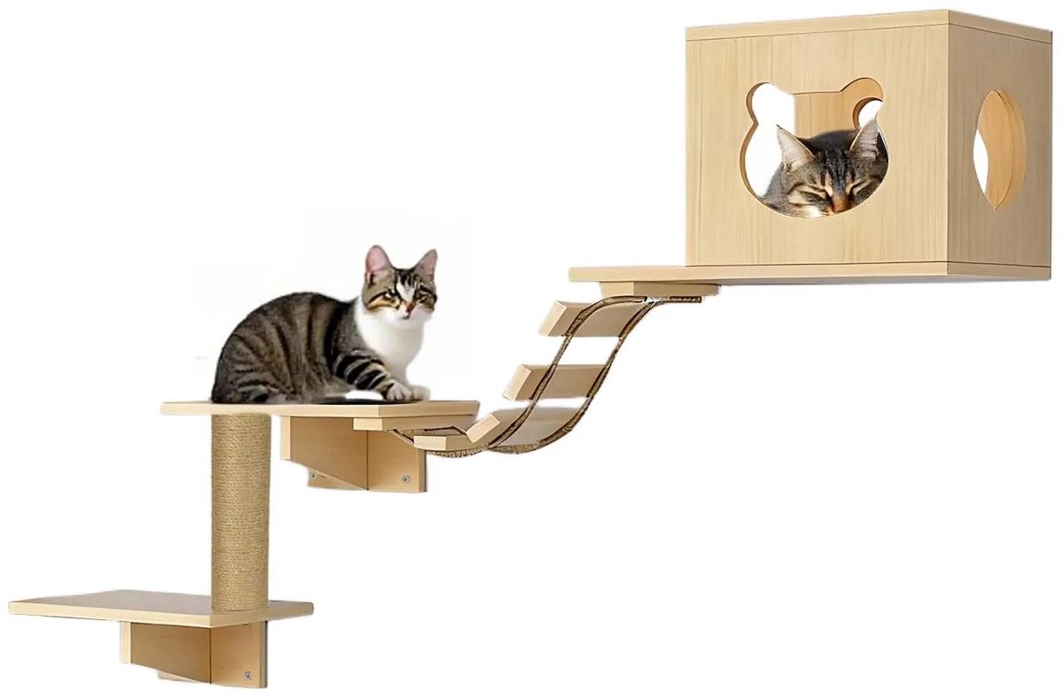 Hutjemutje - katten klimmuur - kattenplank - katten muur - ladder met kattenhuisje - krabpaal - 18kg draagkracht - hout
