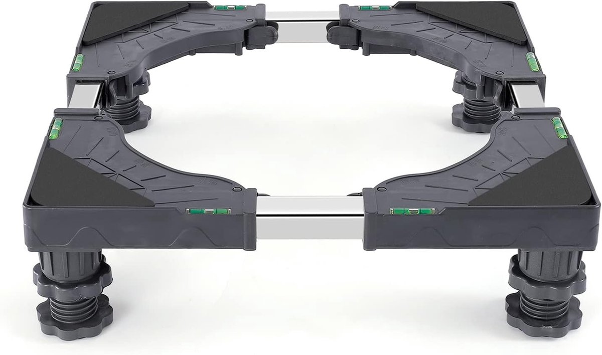 Verstelbare wasmachinebasis met 4 pads, maximaal 200 kg, breedte 40-62 cm, hoogte 10-12,5 cm, geschikt voor stabiliteit en bescherming van vloeren