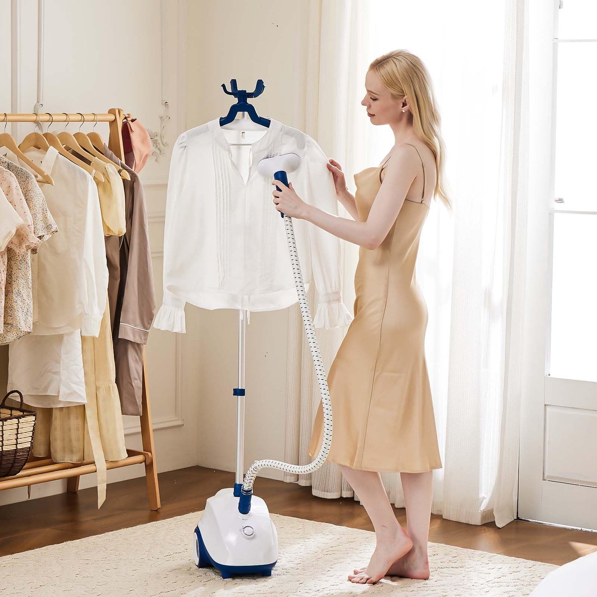 SnelShoppen - Professionele verticale kledingstomer 1500W met 1,7L tank voor 55 minuten stoom, verwarmt in 45 seconden, mobiel met rollende wielen, pe