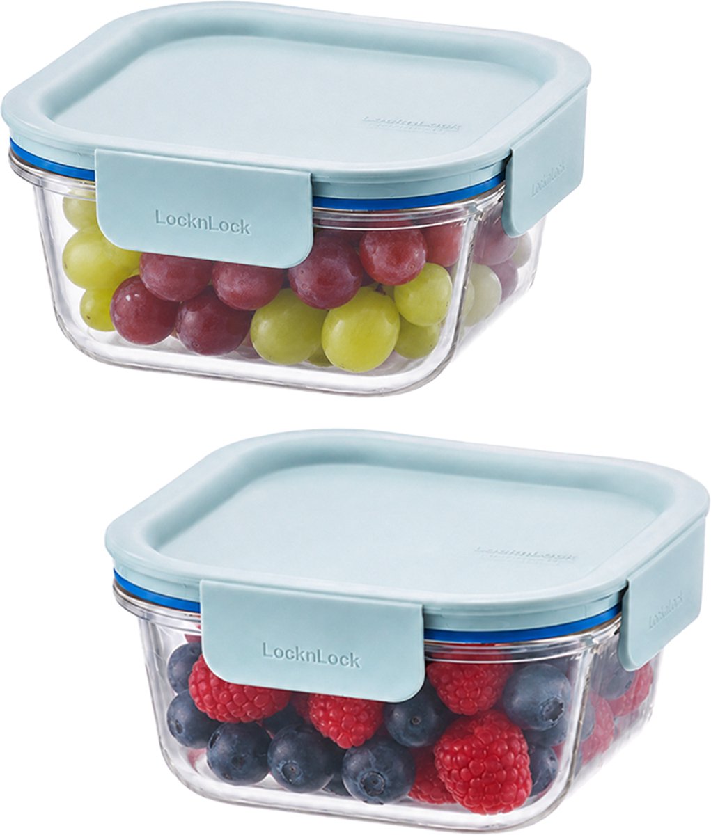 Lock&Lock Glazen Vershoudbakjes - Meal prep bakjes - Ovenschaaltjes met deksel - 500 ml - Mint deksel - Luchtdicht - BPA vrij - PFAS vrij - Airfryer bakjes - Bewaarbakjes - Vershoudbakjes glas - 1 persoons ovenschaal - Vierkant - Set van 2 stuks