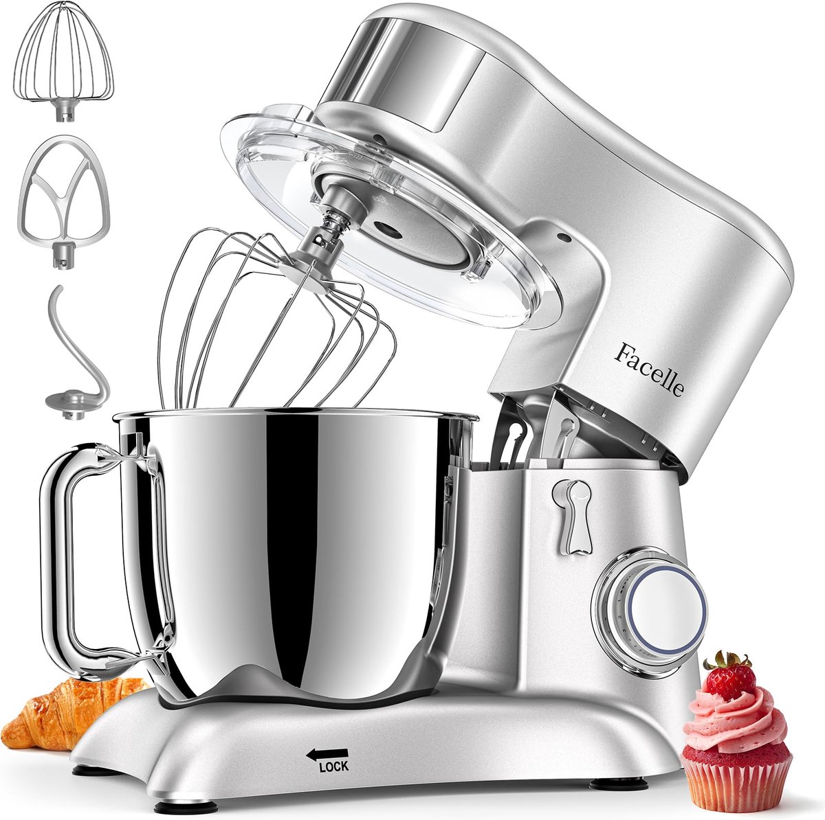 SnelShoppen - Keukenmachine 6,5L Roestvrijstaal, 10 Snelheden Deegmachine met Pulsfunctie, Kneedmachine incl. 3-delige Patisserieset voor Bakplezier i