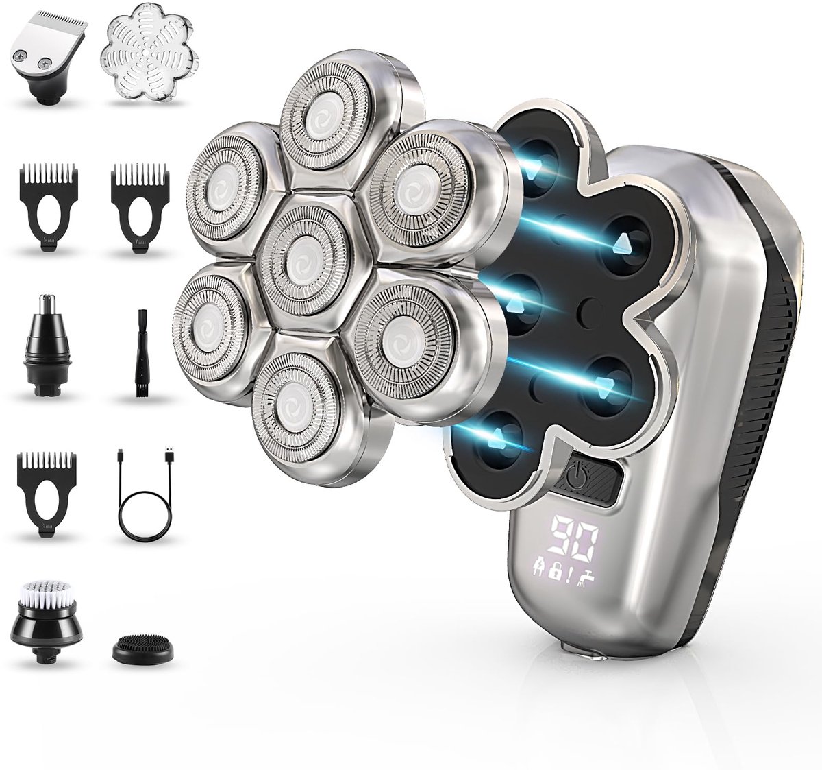 SnelShoppen - Elektrisch Kaal Scheerapparaat voor Heren, 5-in-1, Waterdicht, USB-oplaadbaar, 7D Rotatiescheermes, Trimmer, Nat en Droog Scheerapparaat