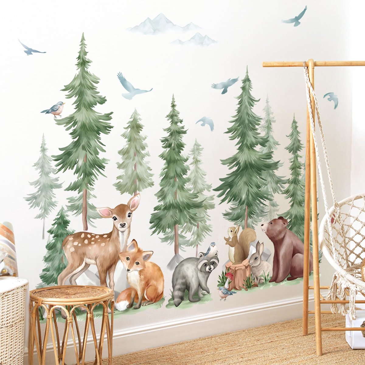 SnelShoppen - Grote Dennenboom Dieren Wandstickers Voor Kinderen - Muurstickers Beertje Vos Zelfklevende Wanddecoratie Baby Kamer