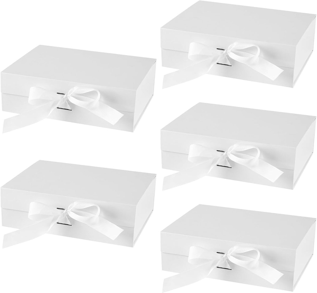 Opvouwbare geschenkdozen set van 5, wit 26 x 19 x 8 cm, ideaal voor verjaardag, bruiloft en feestelijke geschenkverpakking met deksel en strik