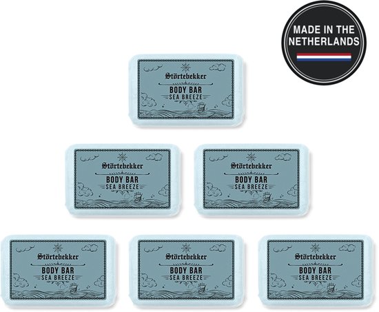 Zes verpakkingen Störtebekker Body Bar Sea Breeze en een 'Made in the Netherlands' label.