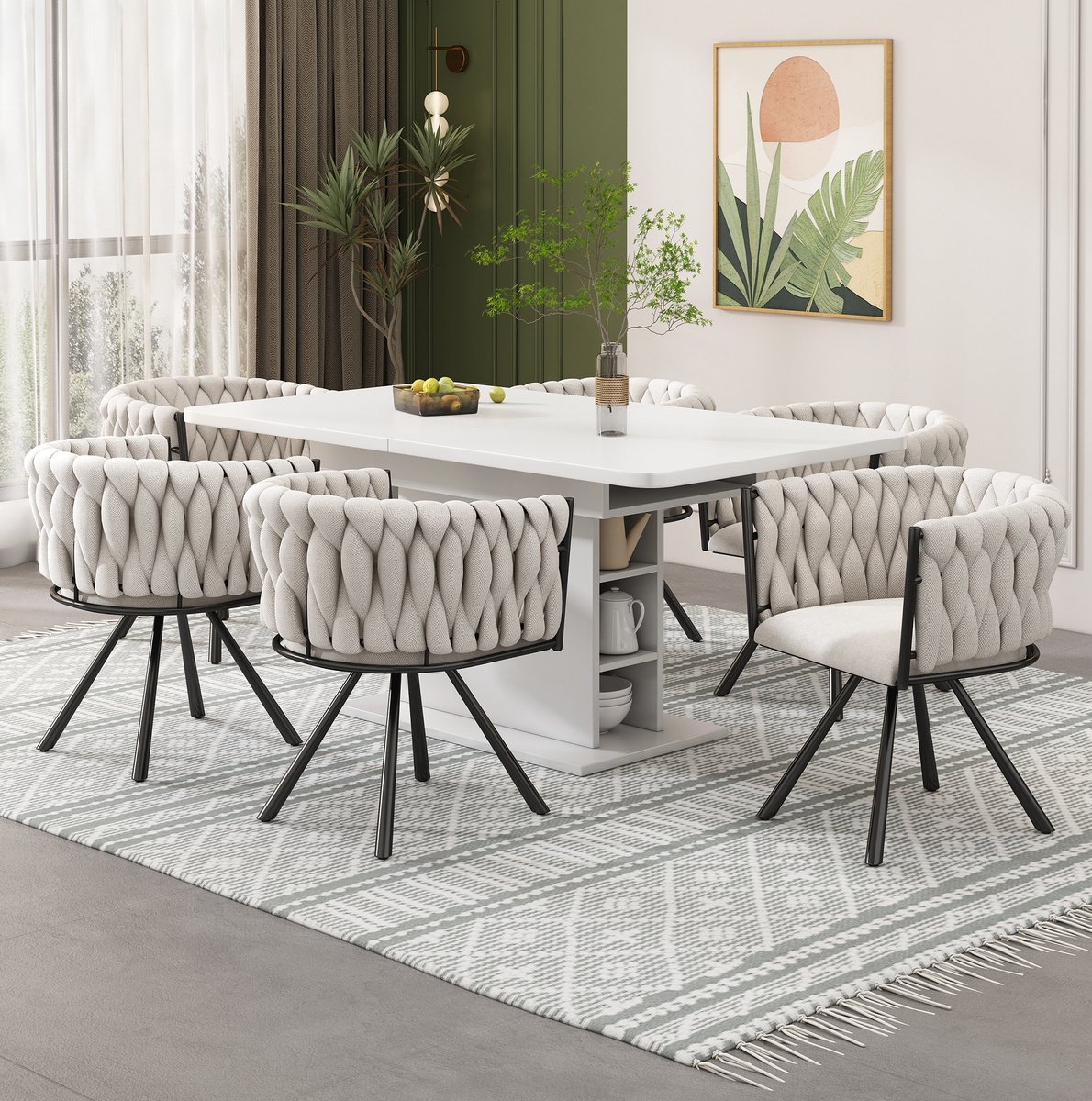 MEUNIQ 6x draaibare eetkamerstoel kuipstoel met armleuningen, stoffen zitting, metalen vierpoot, 59 x 54 x 72 cm, beige en zwart