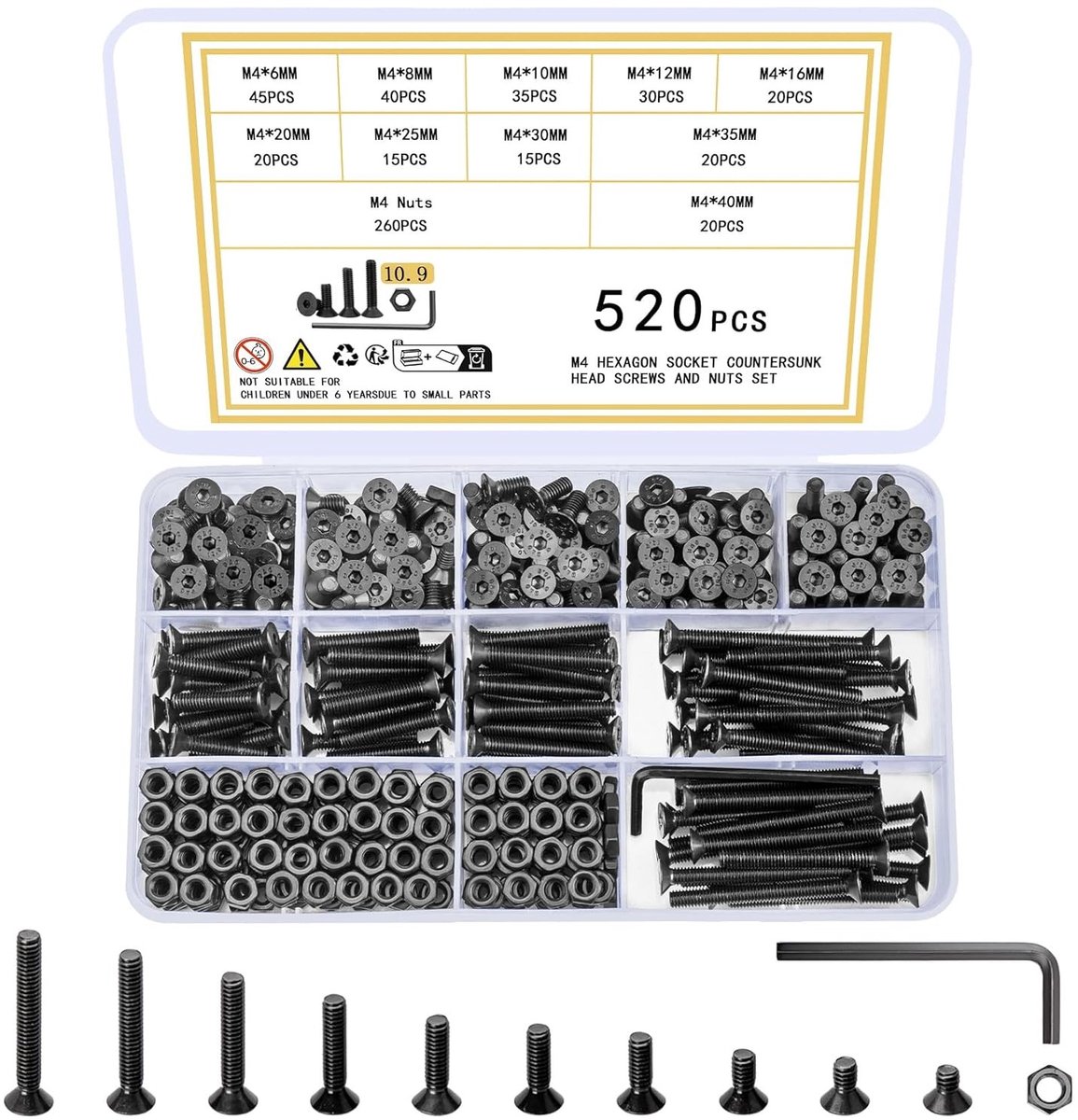 520 Stuks M4 Schroeven Set, Verzonken Kop Hex Schroeven met Moeren, Zwarte Draad en Platte Kop Machine Schroeven voor Diverse Toepassingen