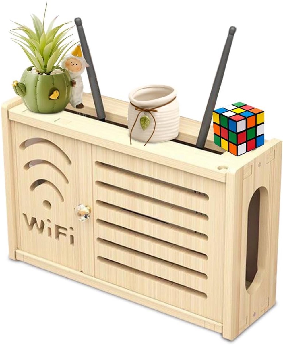 SnelShoppen - Wandkast voor WiFi Router van Massief Hout, Kabelopbergbak, Decoratieve Plank Organizer, Robuust en Duurzaam, Voor Thuis en Kantoor