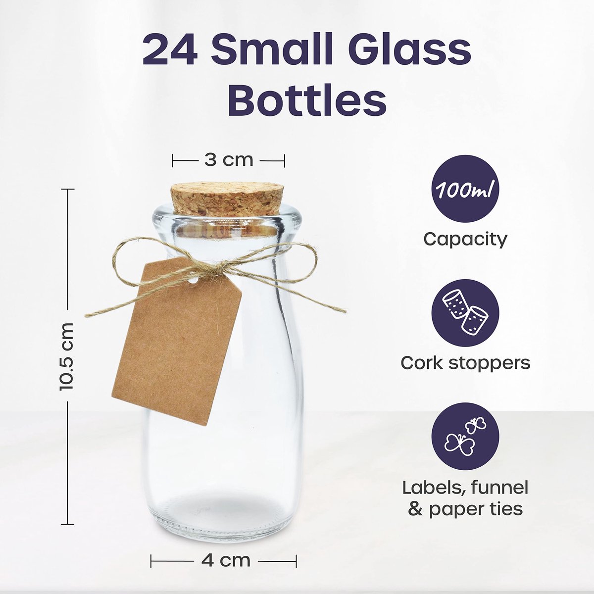 SnelShoppen - Mini glazen potten 100 ml met kurken deksels, set van 24 glazen flessen voor feestdecoratie, bruiloften, met trechter en labels voor DIY
