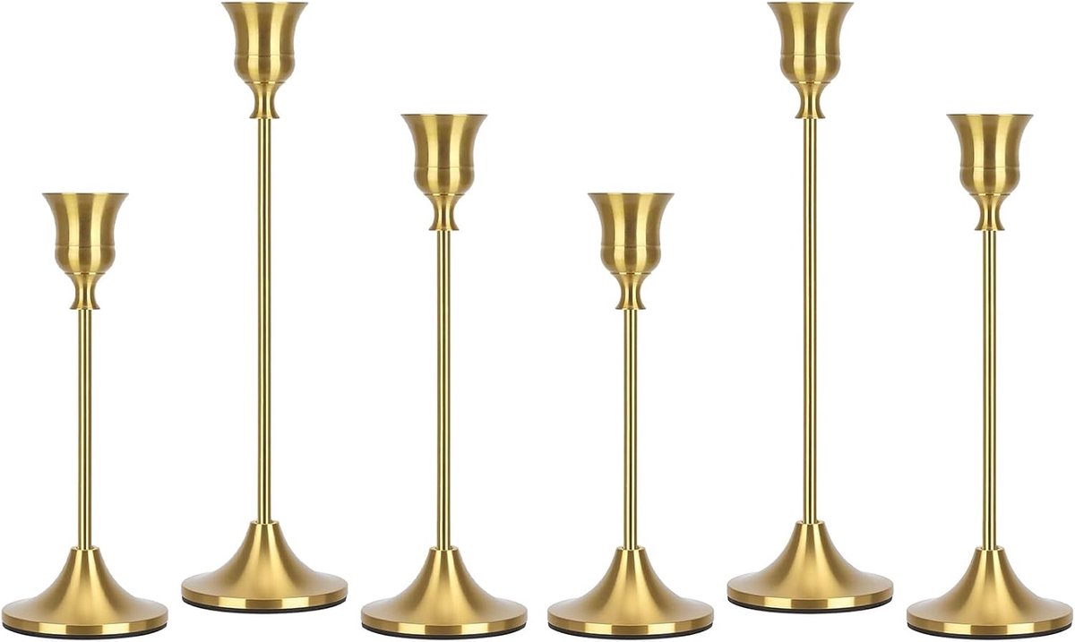 SnelShoppen - 6 Goudkleurige Metalen Kandelaars Vintage Conisch Design voor Kaarsen - Elegante Decoratie voor Feesten, Tuin en Woonkamer