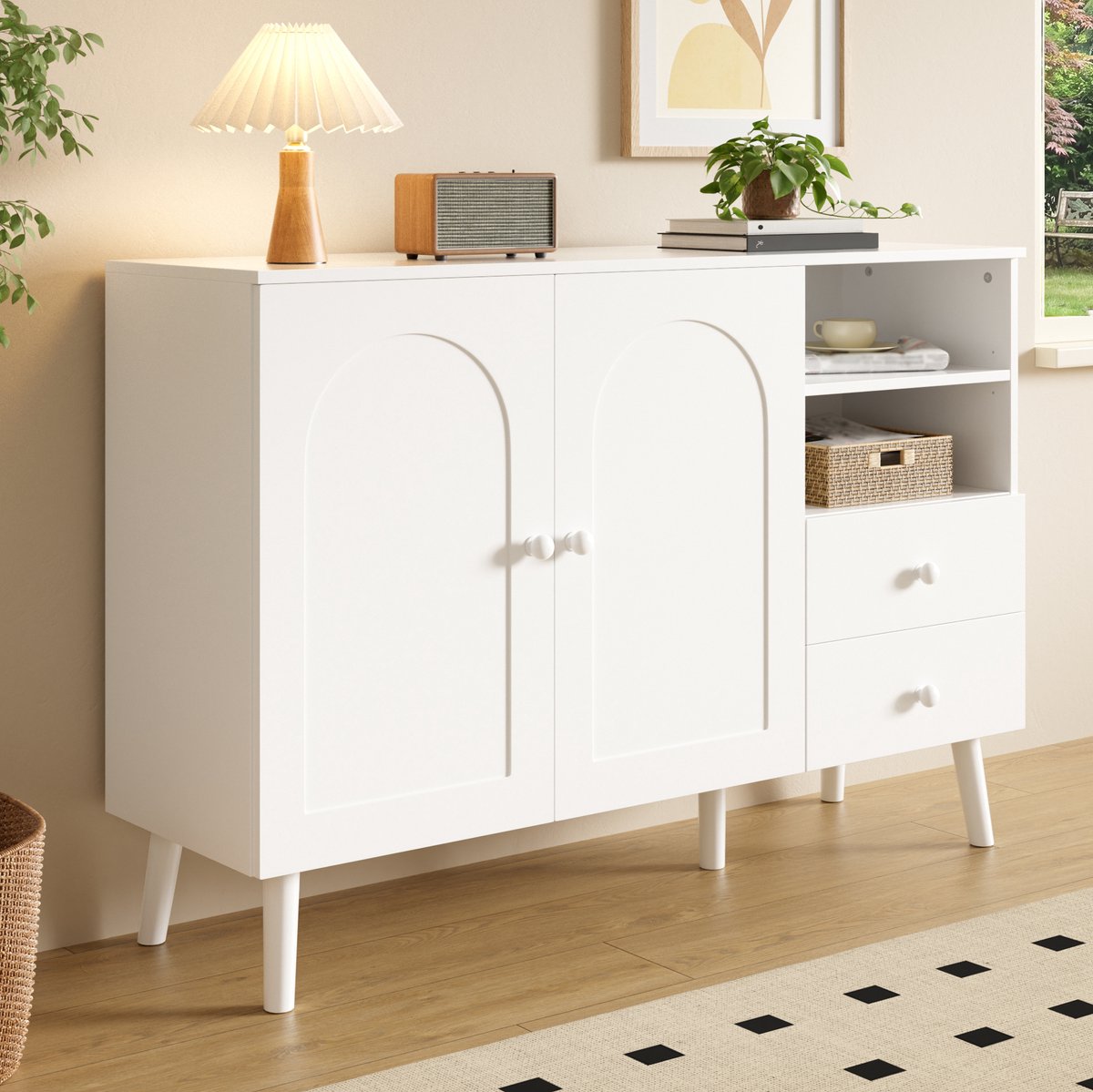 DESMIU Dressoir - Gewelfde Deuren Met 2 Deuren En 2 Laden - Open Vakken Voor Woonkamer En Hal - MDF En Spaanplaat - 118x35x82 Cm - Wit