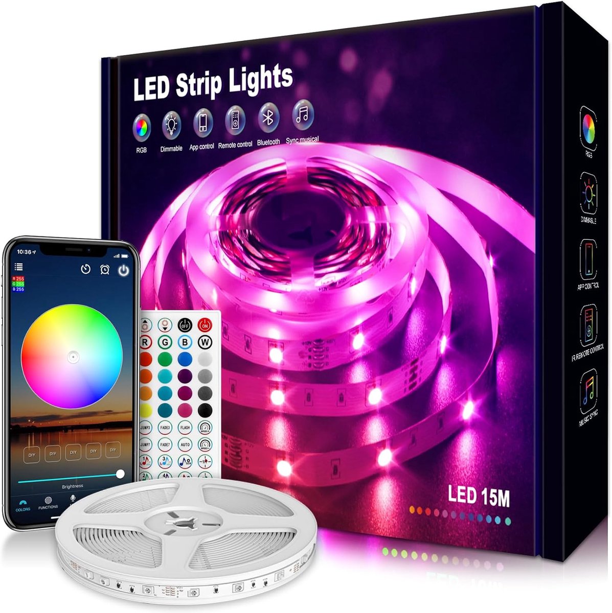 SnelShoppen - LED Strip 5m RGB 5050 met 30 LEDs/m, 40 Knoppen Afstandsbediening en Bluetooth App voor Feest, Slaapkamer, Kerst en Bruiloft