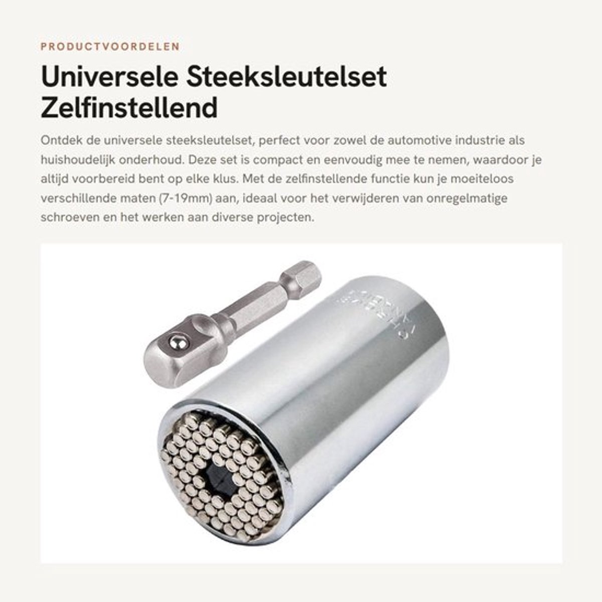 Dopsleutelset universele grip - Powerbooradapter - Zelfinstellende combinatie - Compact en duurzaam - Voor auto-industrie en huishoudelijk onderhoud - Materiaal: CR-MO, maat: 1/4 - Moersleutel