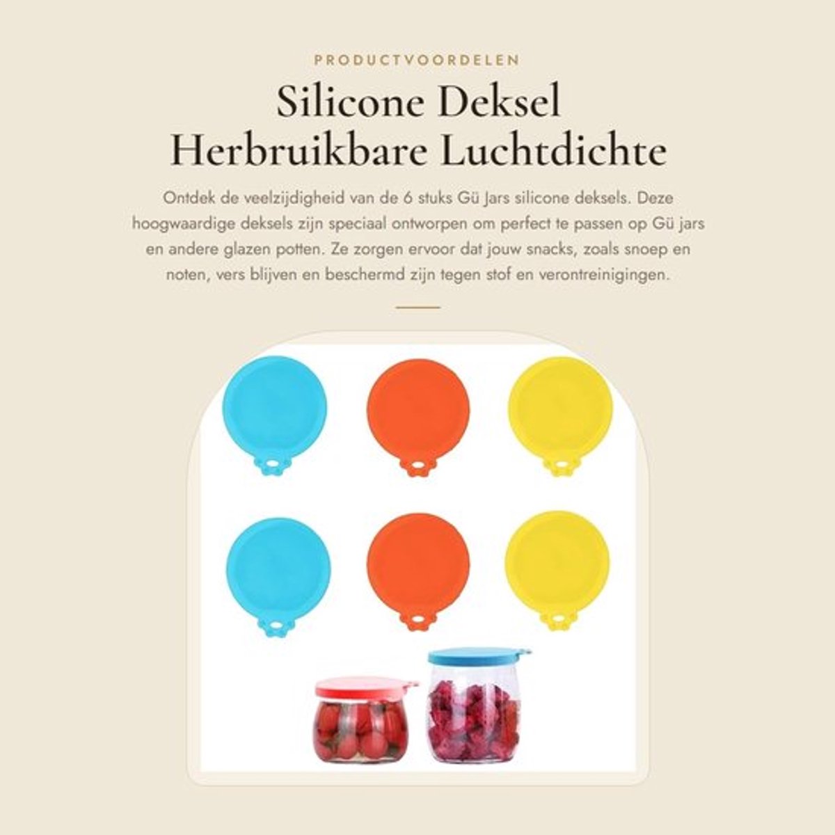 Silicone Deksels - 6 Stuks - Herbruikbare Dekselhouder - Luchtdichte Deksel - Geschikt voor Glazen Potten - Vaatwasmachinebestendig