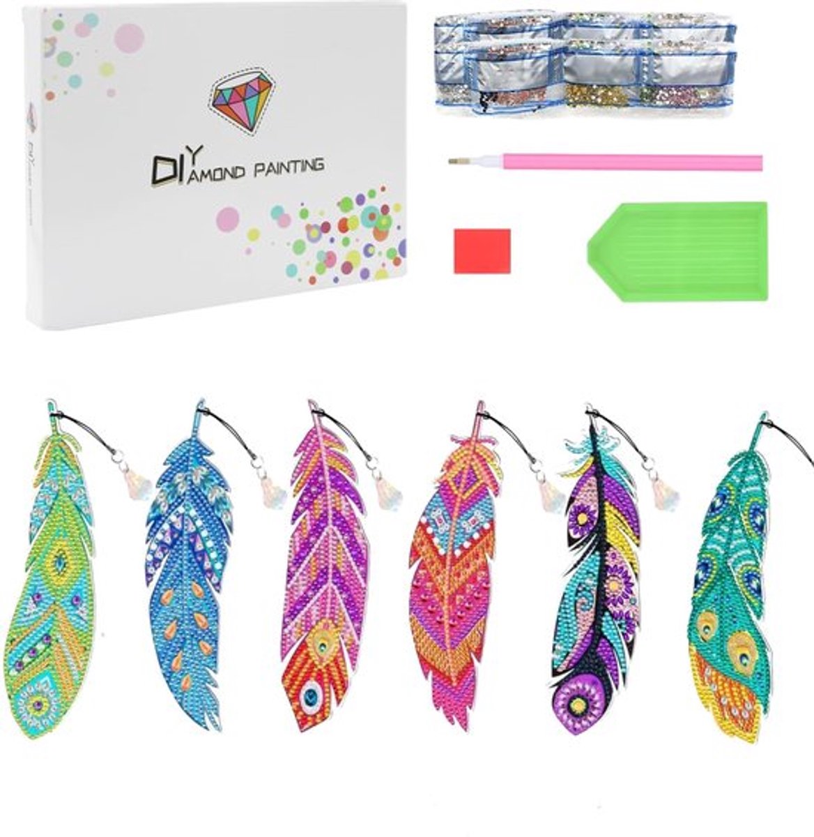 Bladwijzer 6 stuks - Diamantschilderen - Kunstveer met kristallen hanger - Ambachtelijke cadeauset - Voor kinderen/volwassenen - Doe-het-zelf - Boekenlegger