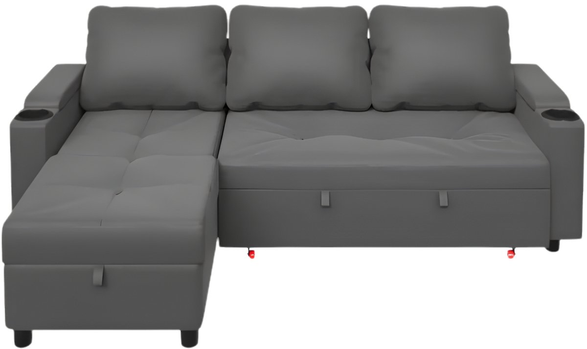 L-vormige Hoekbank met Slaapfunctie – Uitschuifbare 3-Zits Bank met Opbergruimte voor Beddengoed, Compact voor Woonkamer – Zwart