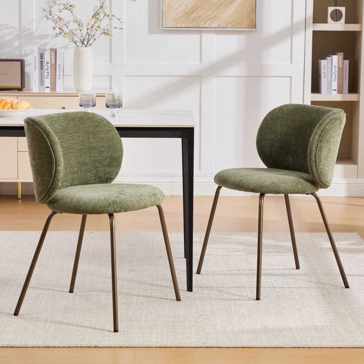 MEUNIQ Eetkamerstoel set van 2 - kuipstoel in groen chenille met gebogen rugleuning, metalen onderstel, zonder armleuning, modern voor eetkamer