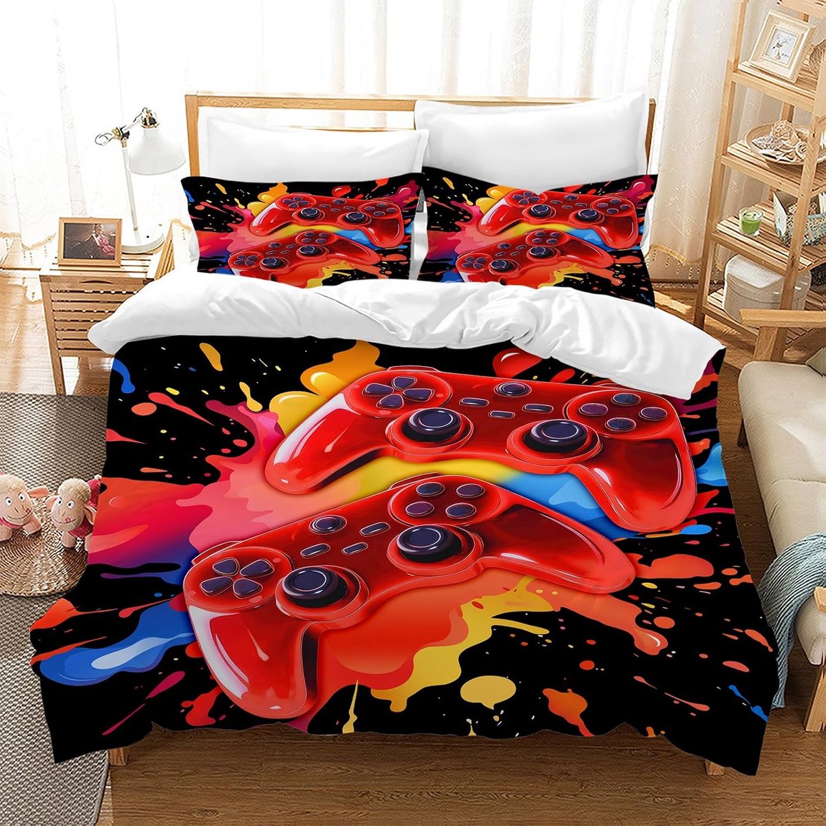 SnelShoppen - Gamepad Dekbedovertrek Set voor Kinderen, 3D Effect Gamepad Print, Microfiber Duvet Cover en Kussensloop 65x65 cm, Ideaal voor Jongens,