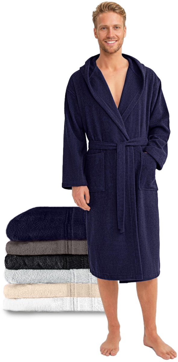 SnelShoppen - Herenbadjas XXL donkerblauw 100% Oeko-Tex katoen, comfortabele badjas voor thuis, wellness, sauna en relaxen