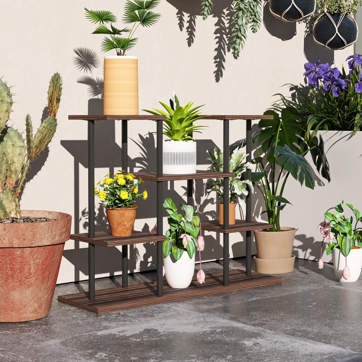 Plantenrek 4-Laags Met Stalen Frame En Fijnsparhouten Planken 80 X 24 X 61,5 Cm Charcoal Voor Woonkamer Balkon En Tuin