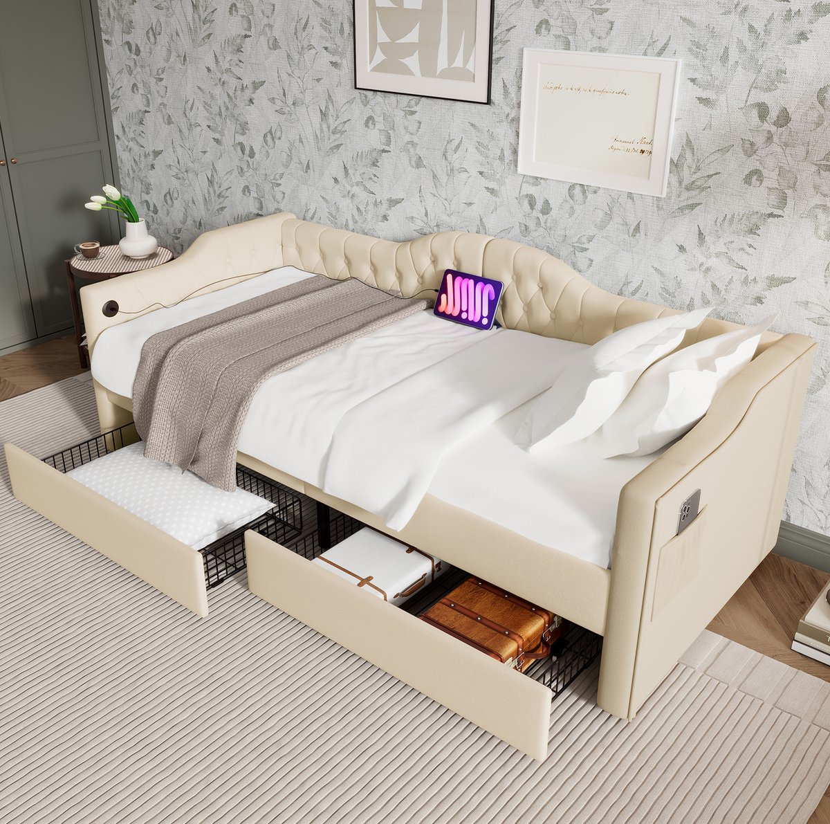 COVREO Bedframe 90x200 - beige velvet, 2 lades, USB-C, zonder matras