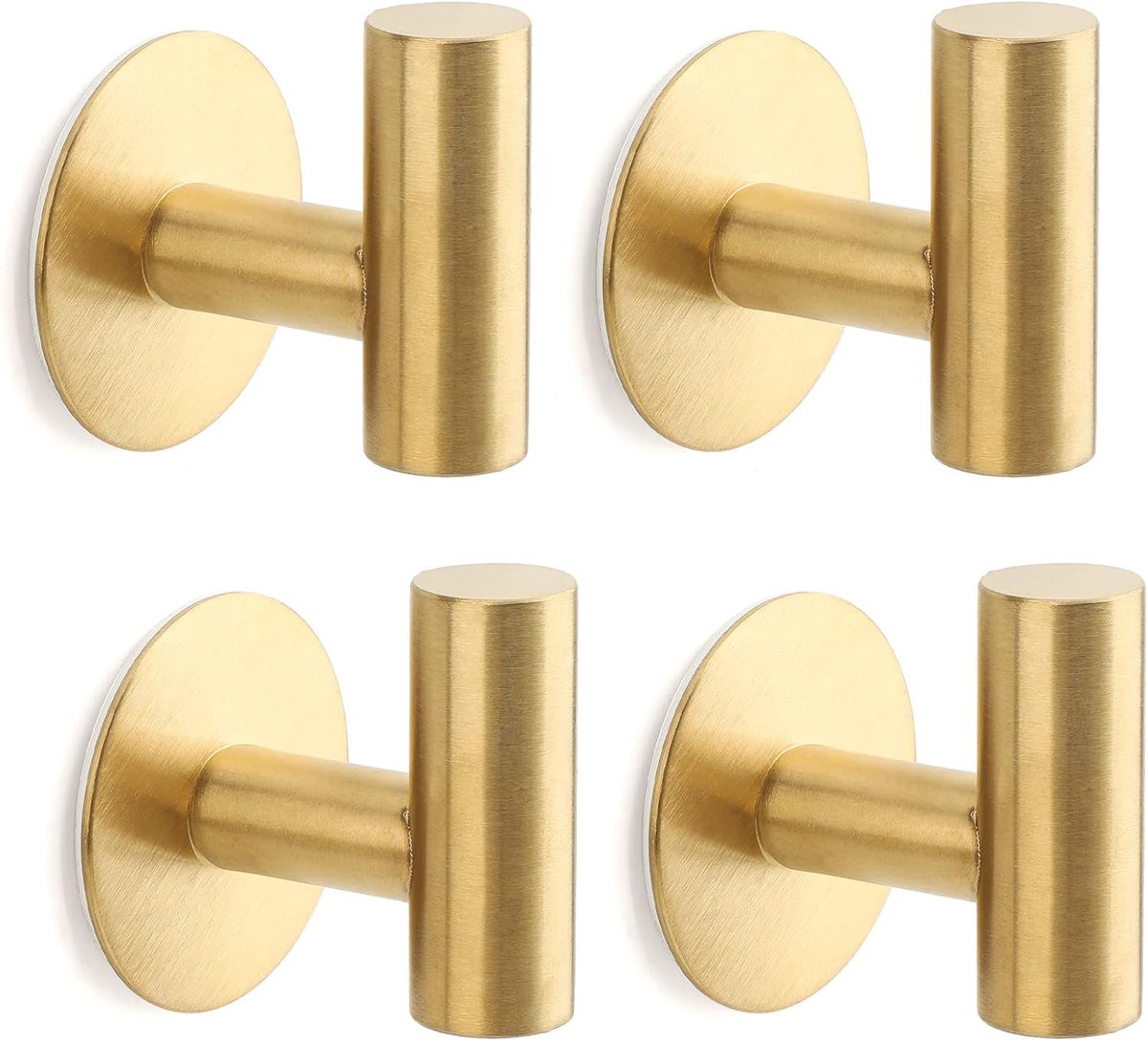 SnelShoppen - 4 Stuks Roestvrijstalen Zelfklevende Handdoekhaken Goud, Wandhaken voor Badkamer, Keuken en Slaapkamer, Geen Boren Nodig, Kledinghaken
