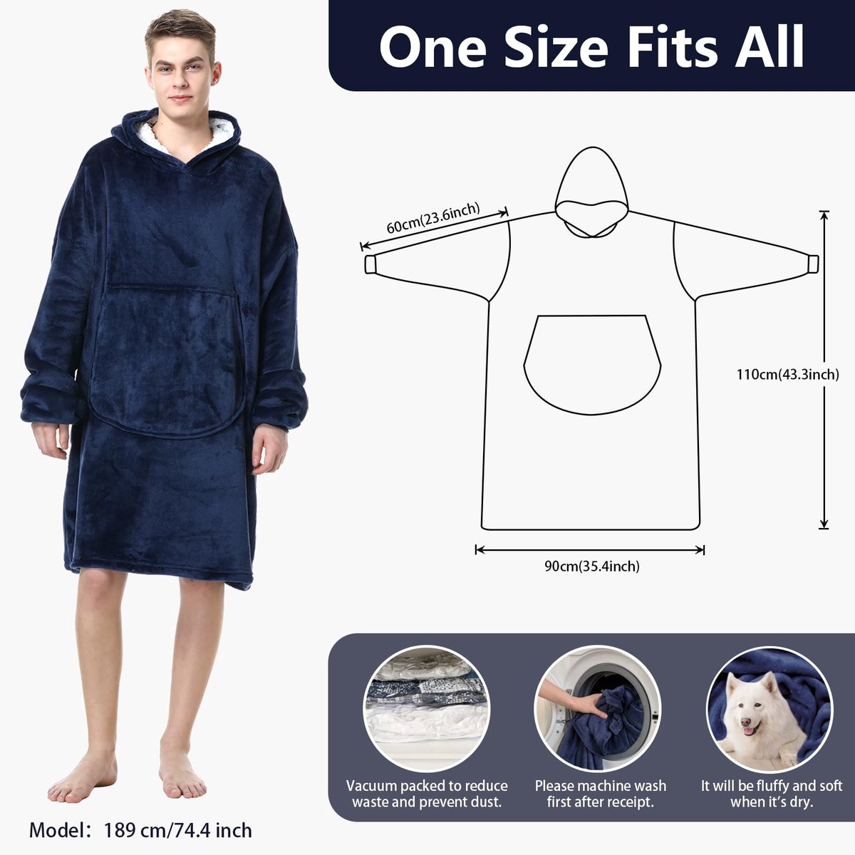 SnelShoppen - Mokani Knuffeldeken met Mouwen en Capuchon, Oversized Hoodiedeken voor Dames en Heren, Donkerblauw, Perfect voor Thuis, Kamperen en Rela
