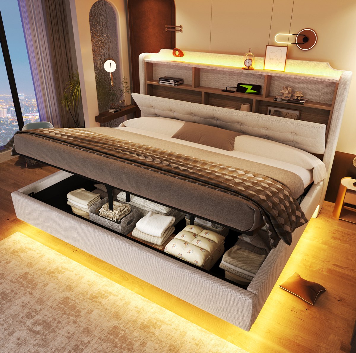 STILVORA Gestoffeerd Bed 180x200 cm – Met LED En USB-C – Hydraulische Opbergruimte En Hoofdbordvakken – Stof En MDF – Beige – Zonder Matras