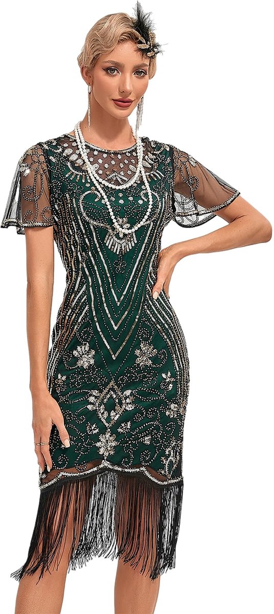 SnelShoppen - Vintage Jaren 20 Flapperjurk Dames met Lovertjes, Art-Deco Kleding met Mouwen, Feest- en Baloutfit, Maat S, Elegante Retro Stijl