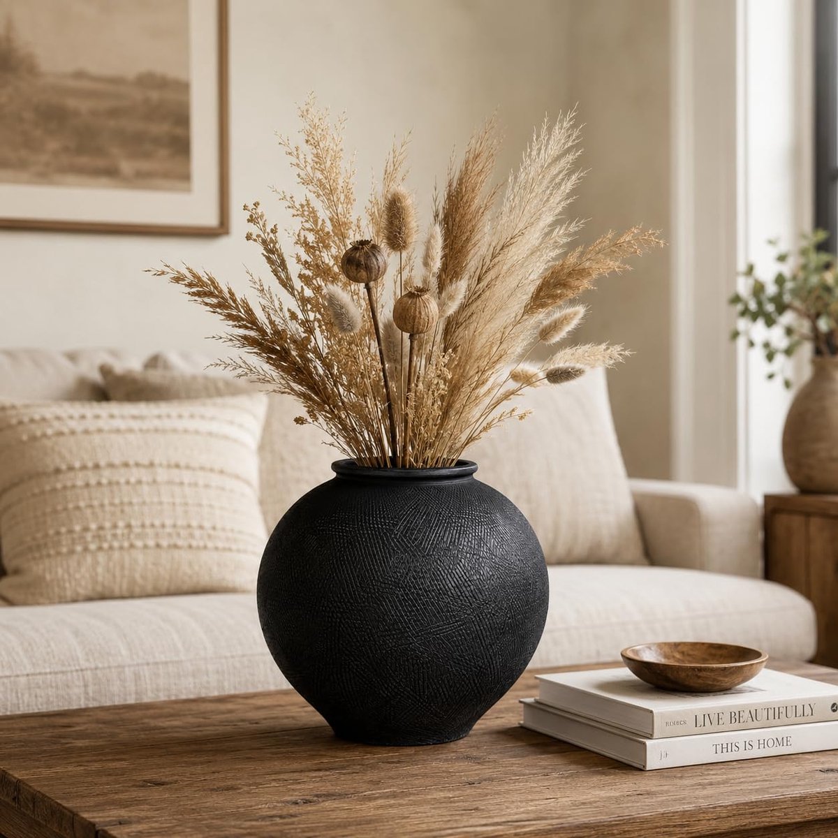 SnelShoppen - Keramische Rustieke Vaas 9,1 Inch - Boerderij Minimalistische Hoge Bloemenvaas Zandsteen Zwart - Perfect voor Tafel, Woonkamer, Badkamer