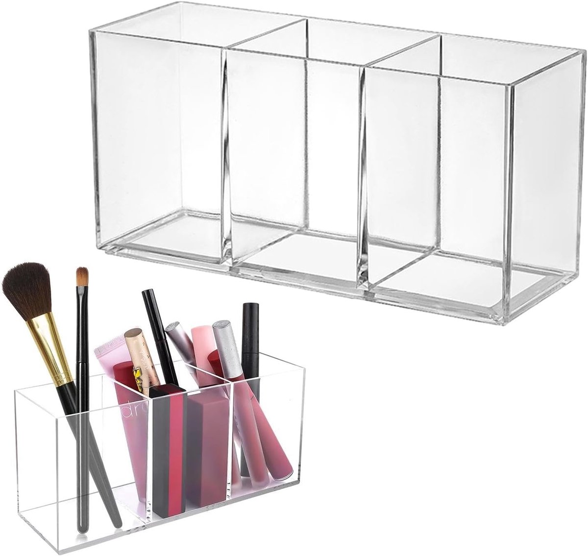 SnelShoppen - Make-up Organizer met 3 Vakken, Transparante Pinselhouder voor Cosmetica, Kwasten, Eyeliners en Lippenstiften, Multifunctionele Schminkt