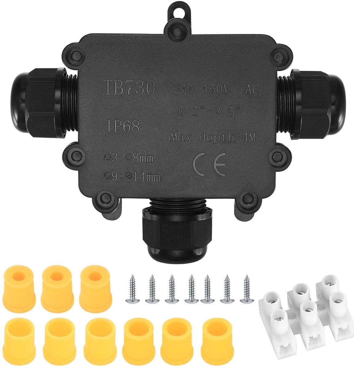 SnelShoppen - IP68 Waterdichte Takdoos, 3-Weg Kabelverbinder, Buitentoepassing, Aansluitbox voor Conduit, Draadconnector, 3-8mm & 9-14mm Klemmen, Oppe