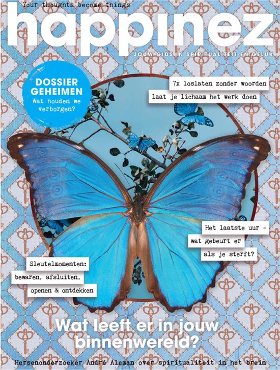 Cover van Happinez magazine met een grote blauwe vlinder en de tekst 'Wat leeft er in jouw binnenwereld?'