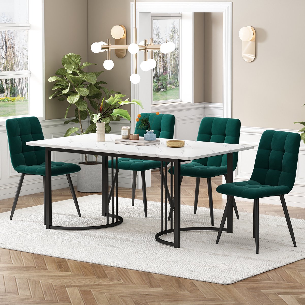 MEUNIQ Essgroep 5-delig met eettafel 140 x 80 cm en 4 velours eetkamerstoelen, MDF tafelblad met marmerpatroon, metalen poten, verstelbare tafelvoeten, wit en groen