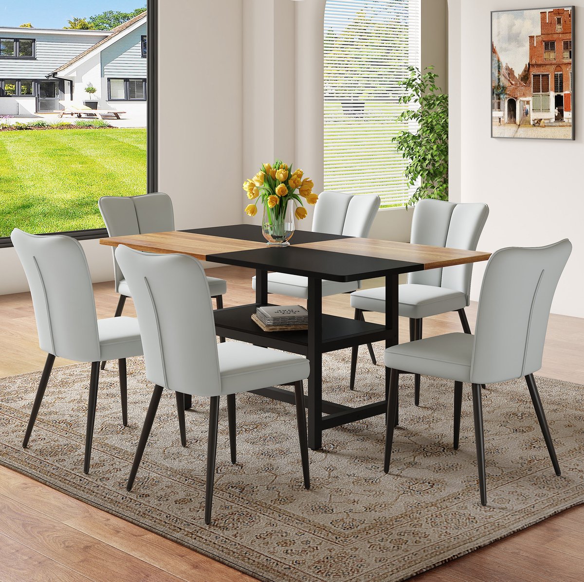 MEUNIQ rechthoekige eettafelset 160 x 90 cm met 6 stoelen, tafel met opbergplank, PU zitting en zwarte metalen poten, voor eetkamer, keuken of woonkamer