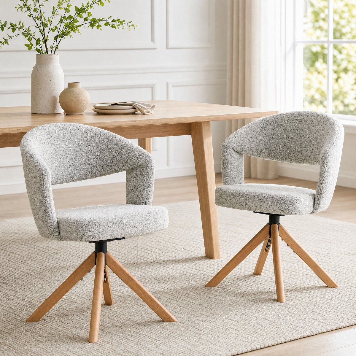 MEUNIQ 2-delige draaibare eetkamerstoelen in lichtgrijs met kuipvorm, armleuningen, houten onderstel en retro uitstraling voor eetkamer en woonkamer