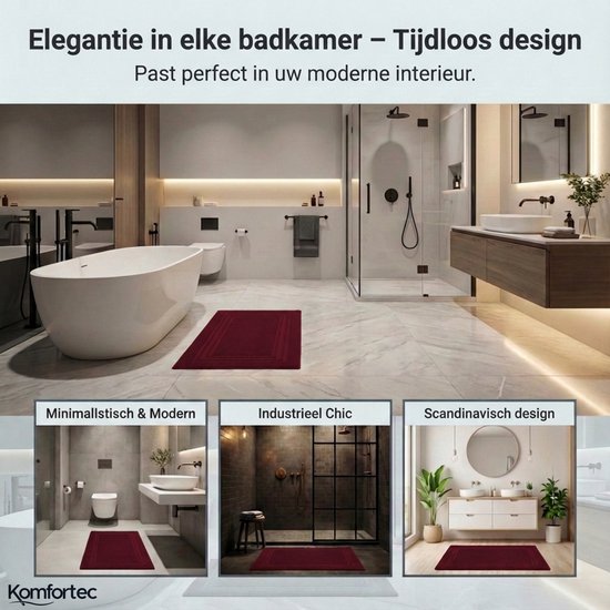 Een bordeauxrode badmat in een moderne badkamer, met kleine afbeeldingen van badkamers in minimalistische, industriële en Scandinavische stijlen.