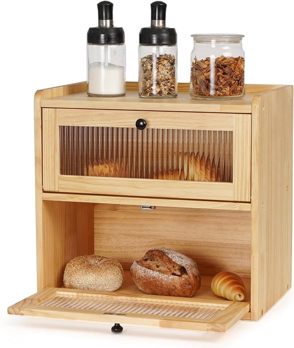 Houten Broodtrommel Dubbeldekker - Grote Brood Opbergdoos Met Voorklep - Vintage Broodkast Voor Keuken Aanrecht - Ruime Voedselcontainer Voor Brood, Gebak En Snacks - Natuurlijke Houtkleur