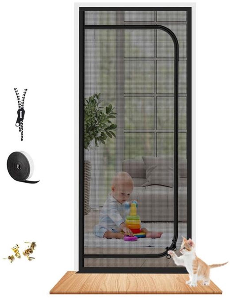 KZQ Kattenhor - Krasbestendige hor met ritssluiting en versterkt gaas - Voorkomt dat katten ontsnappen en krassen - Geschikt voor woonkamer, slaapkamer en terras - 85x195cm - Zwart