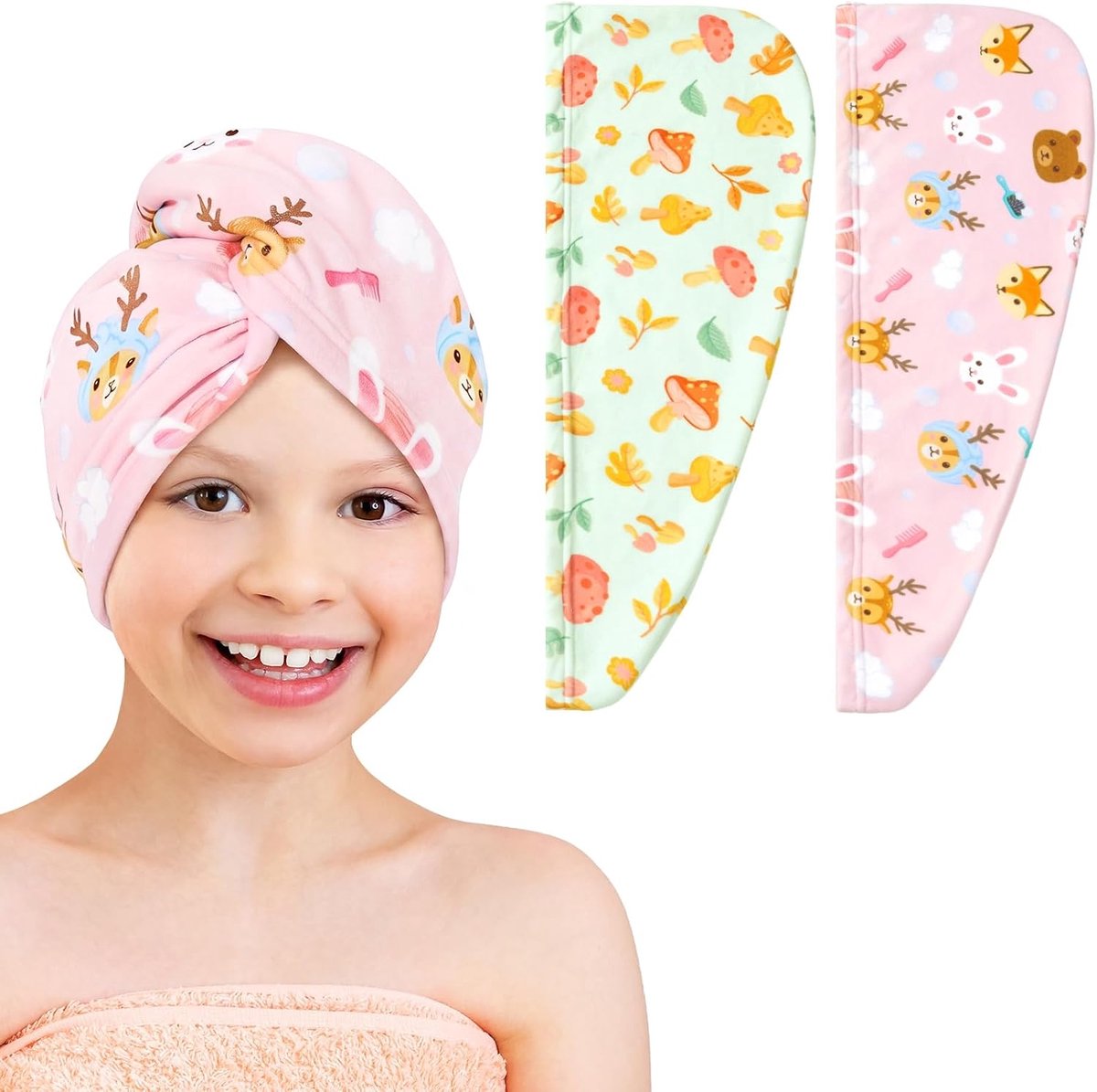 WAWSAM Microvezel haartulband voor meisjes, 2 stuks, sneldrogende haardroogdoek met knoop, zacht haar, handdoek - ShopVlot