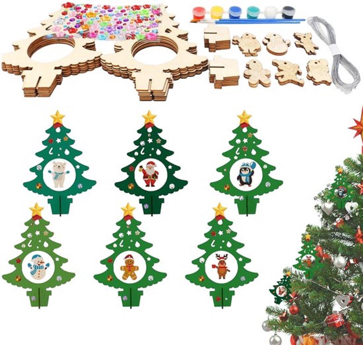 Kersthangers 12 Stuks - Houten Ornamenten - Doe-Het-Zelf Kerstdecoratie - Veilig voor Kinderen - Inclusief Kleur en Accessoires - Massief Hout