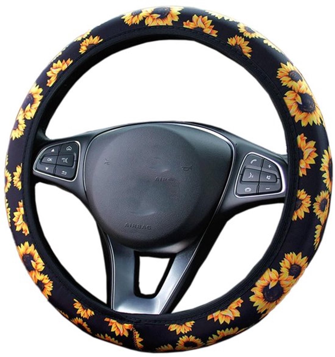 Kleurrijke Bloemen Stof Stuurhoes - Anti-slip Auto Accessoire - Zonnebloem - Zweetabsorberend - Universeel 37-38 cm - Voor Dames