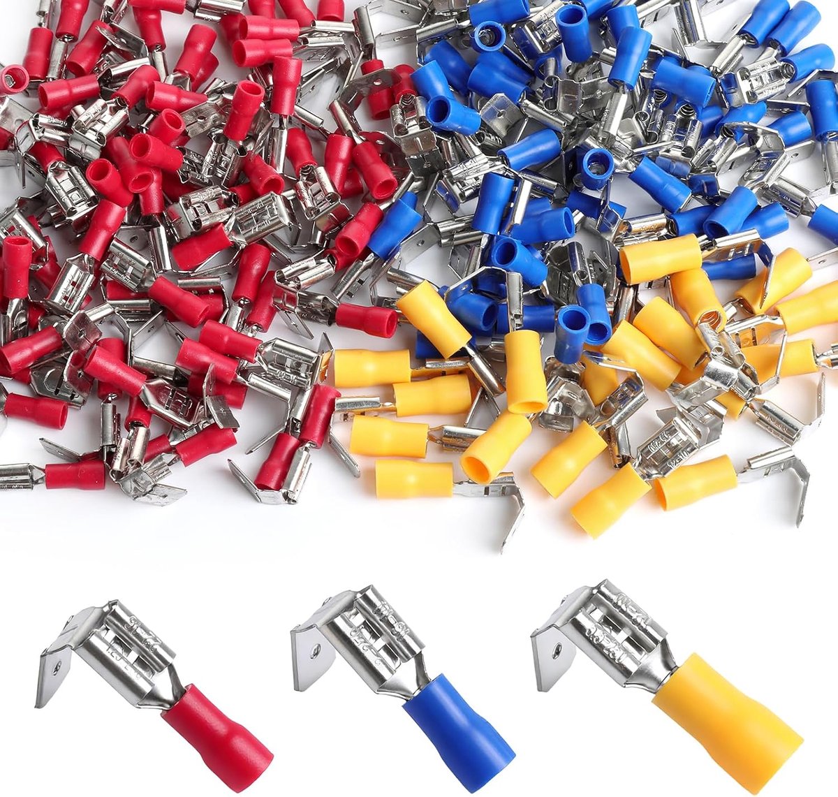 SnelShoppen - 150 Stuks Kabelschoen Set, Flat Plug Connectors voor 22-16/16-14/12-10 AWG, Rood, Blauw en Geel, Voor Motoren, Auto's en Huishoudelijke
