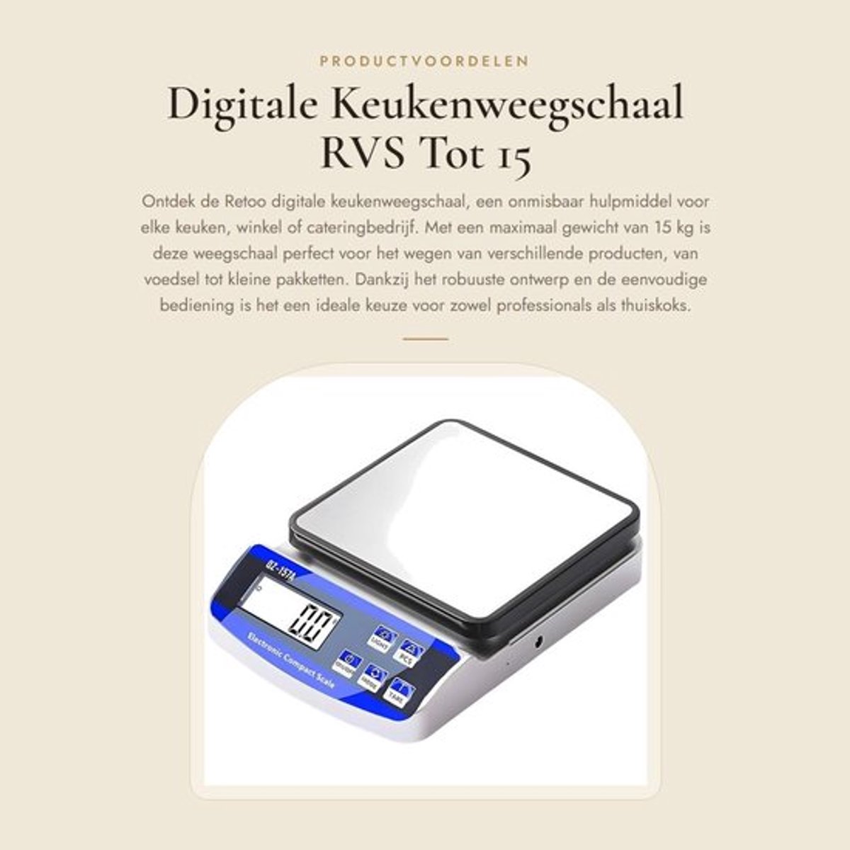 Keukenweegschaal digitaal 15 kg - Precisie weegschaal - LCD-display - Tare functie - Geschikt voor keuken en winkel - Compact ontwerp - Digitale Weegschaal