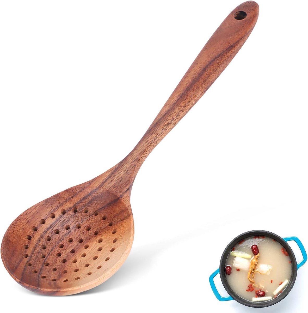 SnelShoppen - Slotted Strainer en Skimmer Lepel - Houten Schep met Sleuven voor Koken - Colander Lepel Skimmer Scoop - 28x8cm Teakhout voor Keuken Kok