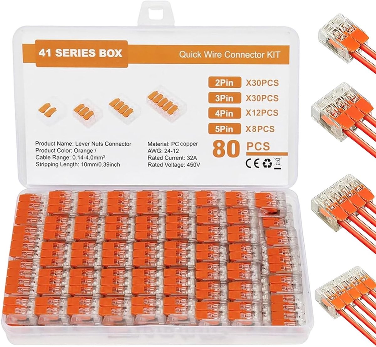 Kabelverbindingsset met 80 stuks, insteekbare kroonluchterklemmen voor 2/3/4/5-polige verbindingen, hefboomklemmen voor flexibele en vaste geleiders in handige opbergdoos