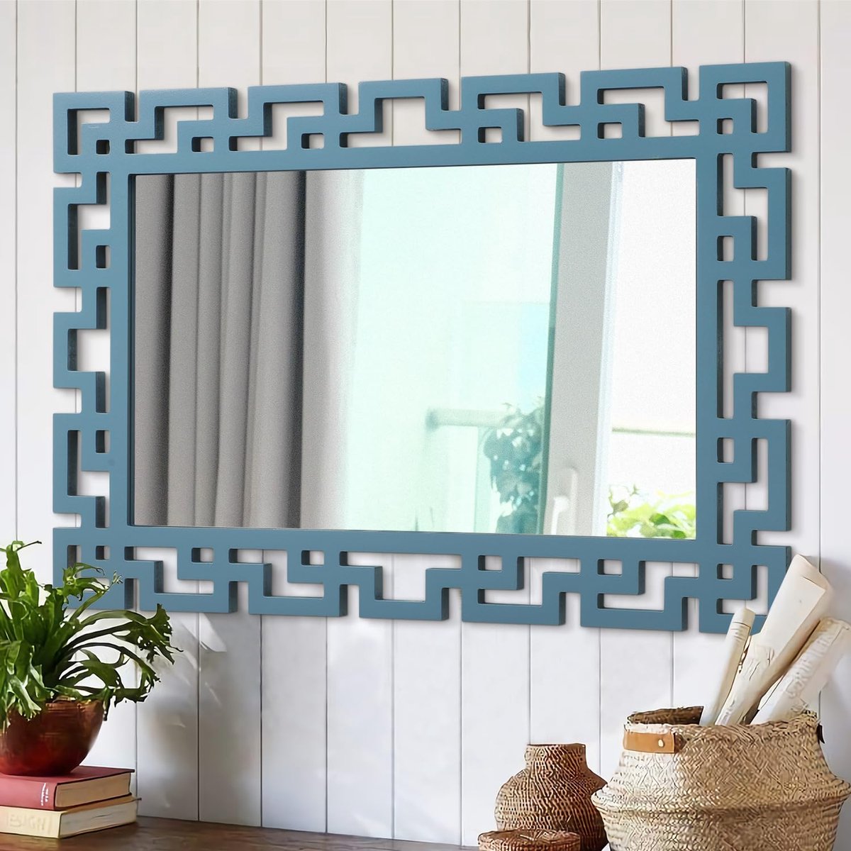 SnelShoppen - Grote Rechthoekige Spiegel met Houten Frame 65x45 cm, Modern Blauw Muurdecoratie voor Slaapkamer, Woonkamer, Badkamer en Entree